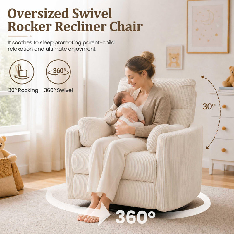 Fauteuil à bascule pivotant à dossier haut 360 avec 2 coussins Beige Nursery Chairs, Velours côtelé beige