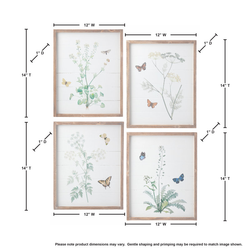 Papillon et fleur - ensemble de 4 peintures sur bois encadrées