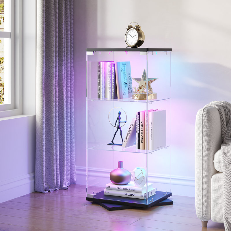 Freestanding Rotating Glass Display Cabinet with Motion SensorMotion RGB Lights, Browm