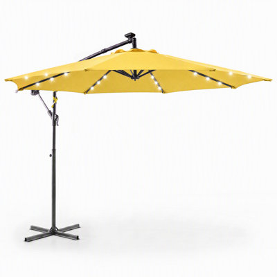 Parasol de patio décalé 10 pi avec lumières DEL, parasol de marché en porte-à-faux rotatif avec 8 nervures et manivelle réglable