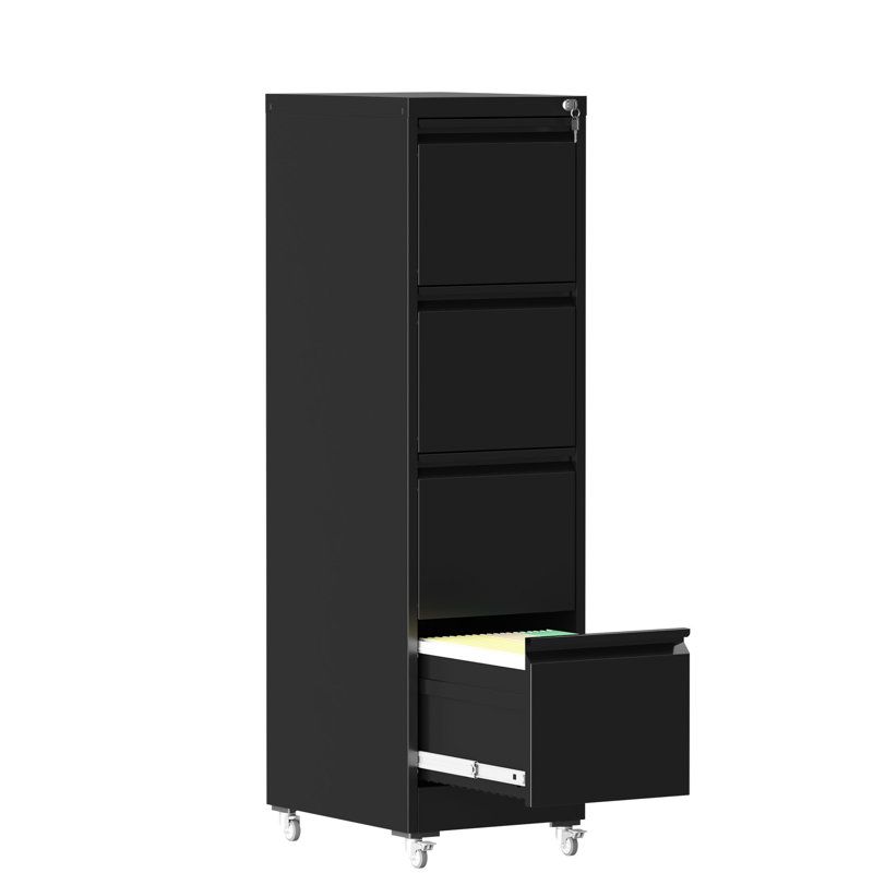 Black 4 Drawer Vertical File Cabinet With Lock And Wheels - Construction, Easy Access To Legal Documents Modern Metal On Wheels, 17.71"d*15.53"w*51.2"h Secure Documents, Flexible Storage
