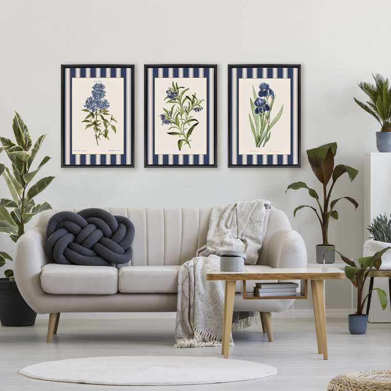 Vintage Plant Studies over Stripes 3pc Floating Frame Set, design by Corinne Haig, Jet Black Floater Frame, 25" H x 17" W
