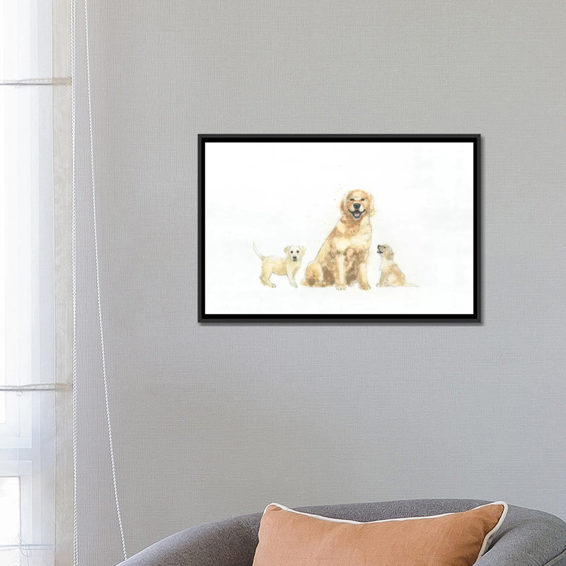 Chien et chiots, impression sur toile tendue, H 18 po x l 26 po x P 1,5 po, Toile avec cadre noir, Pas de tapis