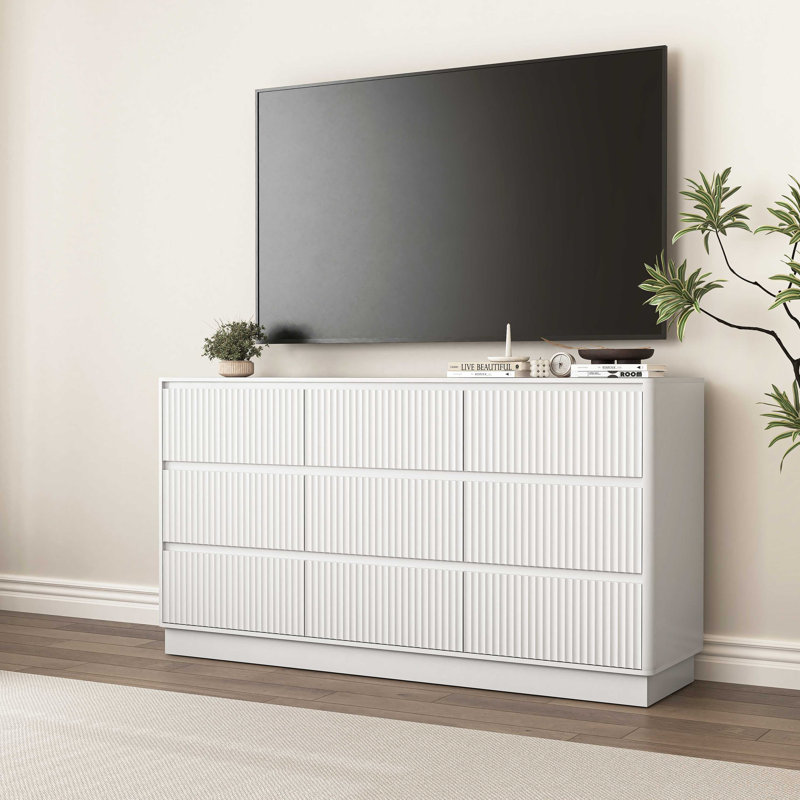 Commode 9 tiroirs pour chambre à coucher avec grands tiroirs, commode en bois, grande commode de plancher, long meuble télé moderne, table d'appoint avec rangement Mid-Century