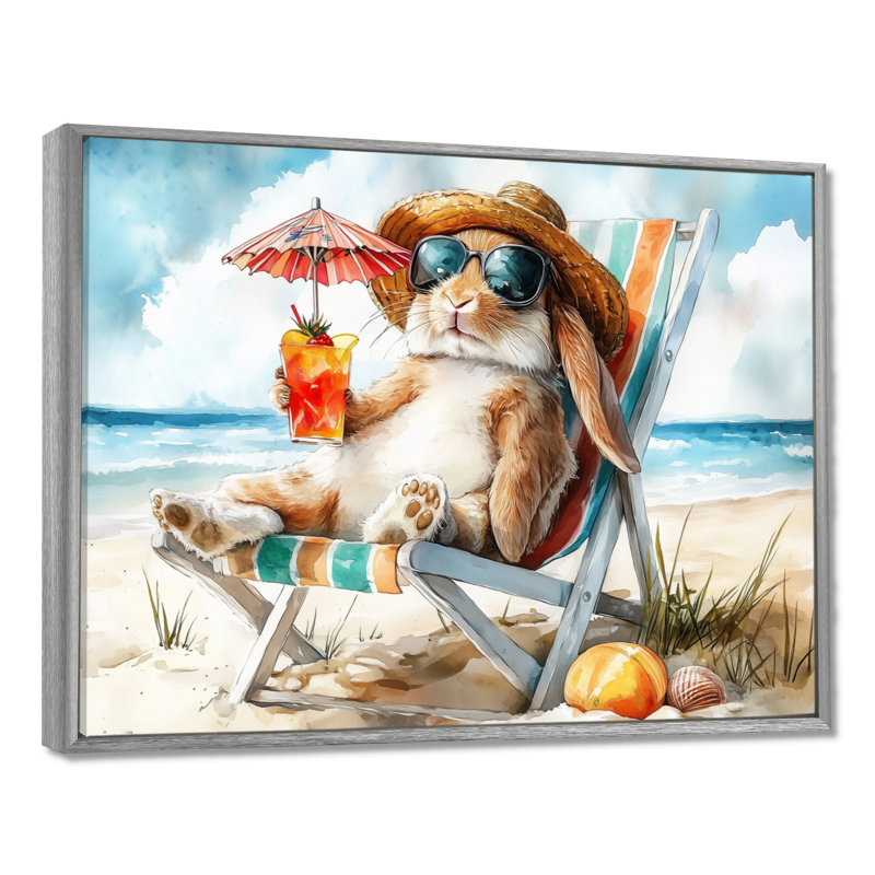 Lapin sur la plage relaxant - art mural animaux côtiers, H 16 po x l 32 po x P 1 po, Toile argentée avec cadre flottant