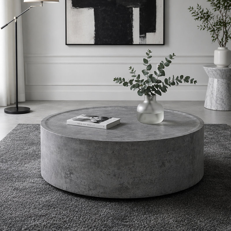 Table basse ronde de 39,37 po avec finition en faux béton pour le salon, table basse à cercle cylindrique moderne pour le salon, assemblage sans besoin (gris béton)