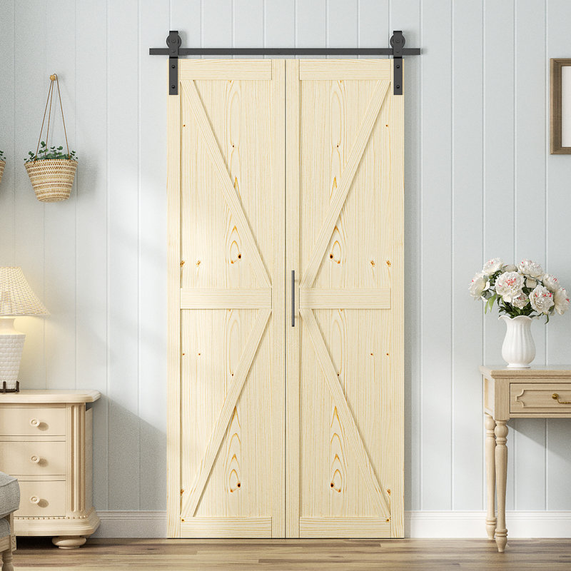 Porte de grange pliante de style K en bois de pin massif 84 po avec quincaillerie, 42 po x 84 po, 2