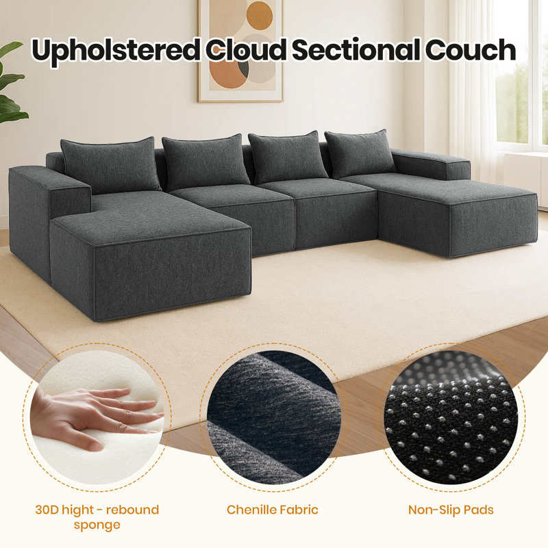 No Assembly Required 4 - Piece Chenille Sofa, Gray Chenille