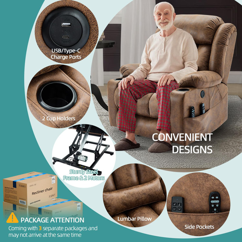 Latitude Run Oversized Dual Motor Lay Flat Power Lift Recliner Chair For Big Elderly With Heat Massage, Large Sleeping Electric Recliner With Extended Footrest, Lumbar Pillow, Usb & Type-C Ports