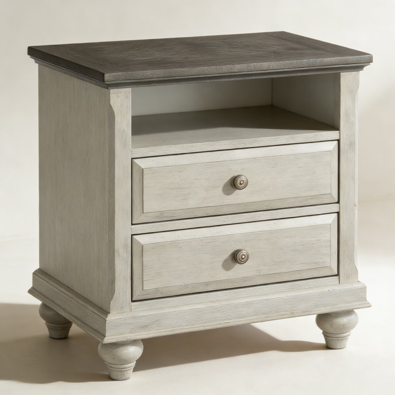 Table de chevet classique avec finition gris clair et 2 tiroirs