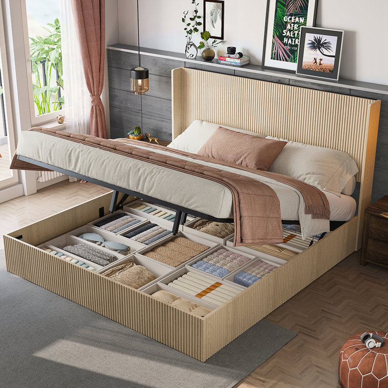 Large Concave Undulating Storage Bed Frame with Easy Lifting and Ample Space, No Spring Box Needed, Noise-Free, Oak