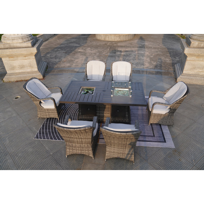 Moda 70 In. X 39 In. X 27 In. Rectangular Wicker Outdoor Gas Fire Pits Table With 6-Chairs1, Grey