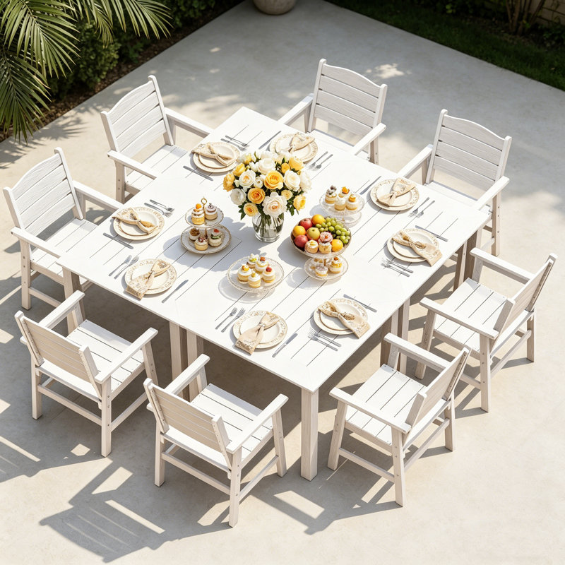 Ensemble de salle à manger d'extérieur pour 8 personnes, résistant aux intempéries, avec tables de patio modernes antirouille, structure en aluminium et trous pour parasol. Parfait pour le jardin, la terrasse, la véranda, le patio ou la piscine. Comprend 4 tables et 8 chaises. Couleur : blanc.