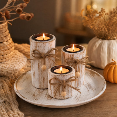 Décorations de Noël de style nordique : bougeoirs en bois vintage, plateau et décorations de table, articles de fête pour l'Halloween, l'Action de grâce et Noël.
