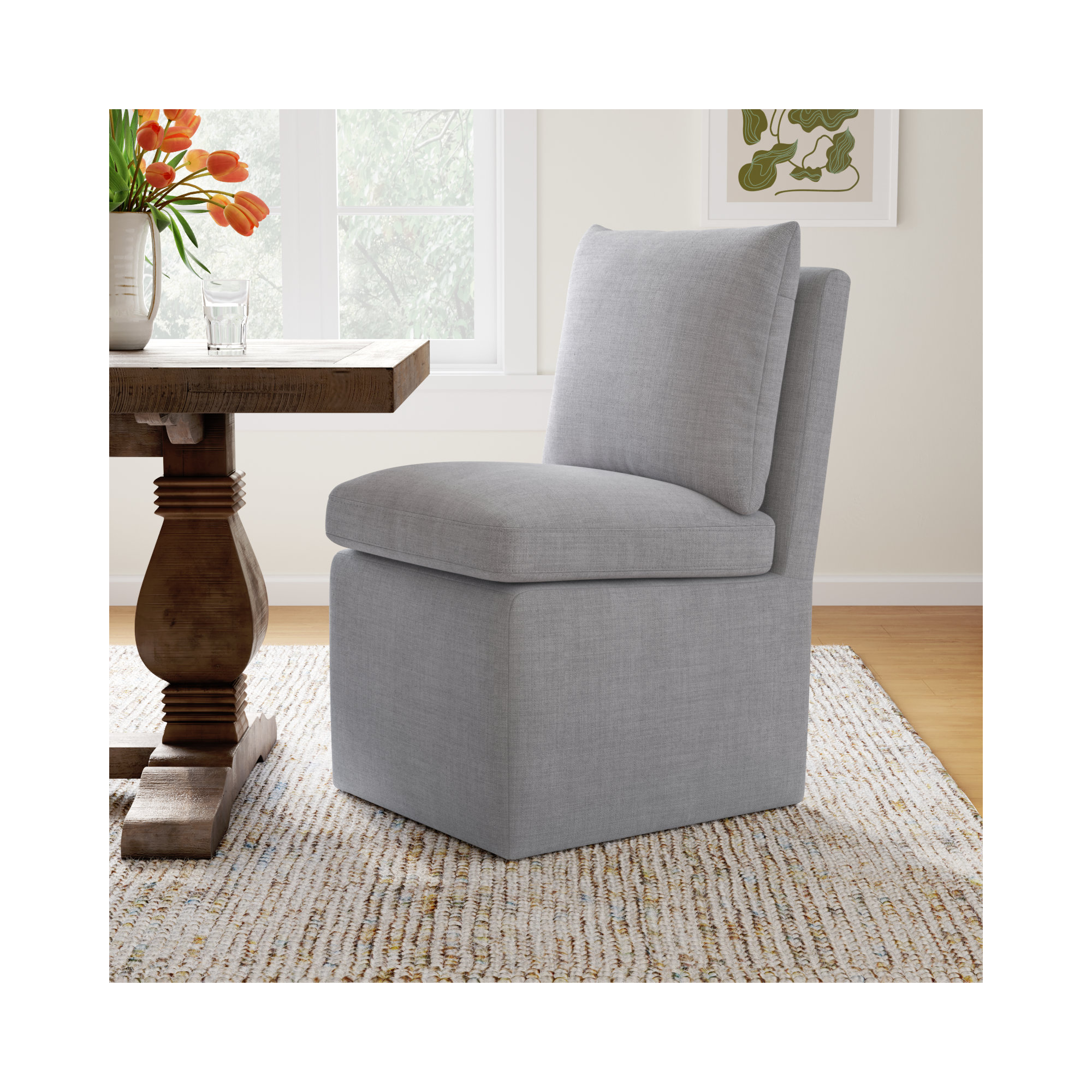 Alayaa Upholstered Side Chair with Casters, Effie Gray Performance Linen