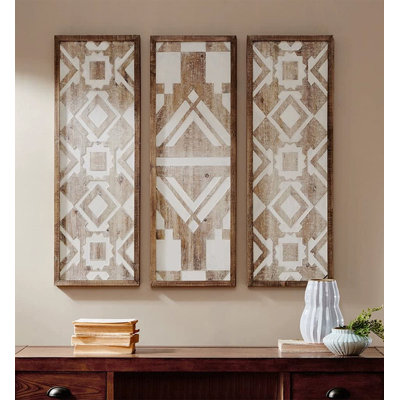 Retro geometric three-panel wooden frame decorative painting—Moroccan style wall decorations for the living room background