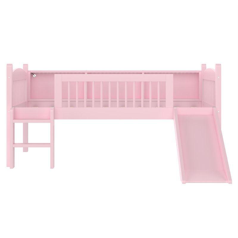 Twin Loft Bed with Storage Shelves, Solid Wood Lower Loft Bed with LED Lights and Full-length Guardrails, No Box Spring Needed, Pink