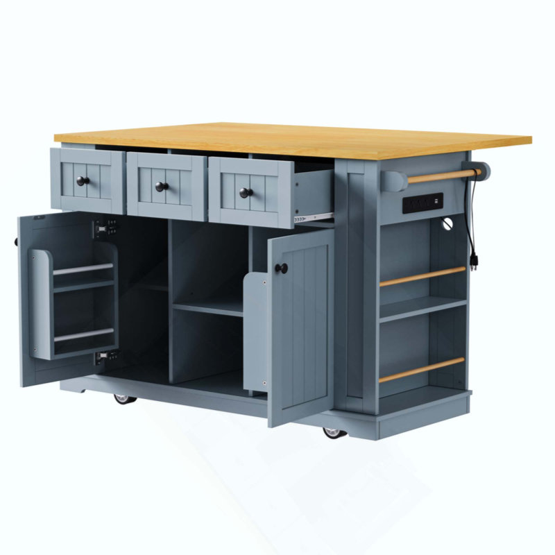 Kitchen Island With Drop Leaf,Power Outlet,Door Internal Storage Rack,Rolling Kitchen Cart On 5 Wheels With 5 Open Side Racks For Kitchen,Dining Room(Not Include Bar Stools)