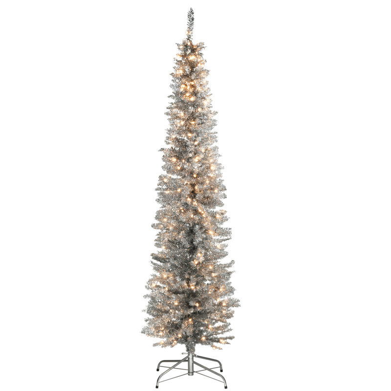 The Holiday Aisle® Silver Tinsel Tree with Clear Lights, 6'