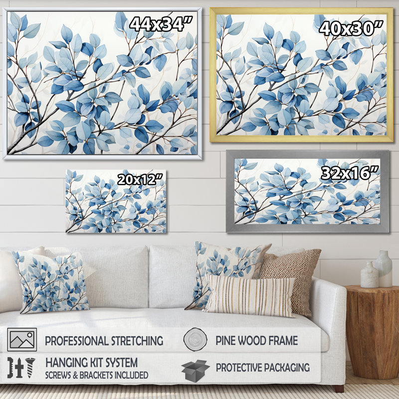 «Blue and Gray Leaves», art mural encadré feuilles, Toile tendue, H 34 po x l 44 po x P 1,5 po