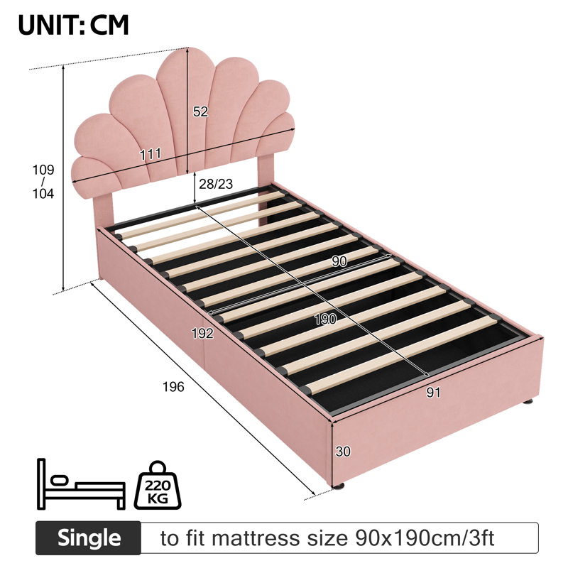 Double Size Ottoman Bed Velvet, Pink, Single (3')