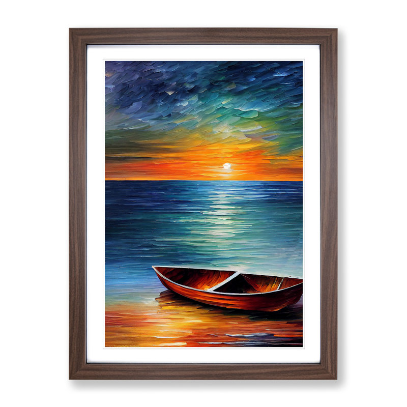 Boat at Sunset No.3 - Wall Art, 66cm H x 48cm W x 2cm D, Walnut Framed, White
