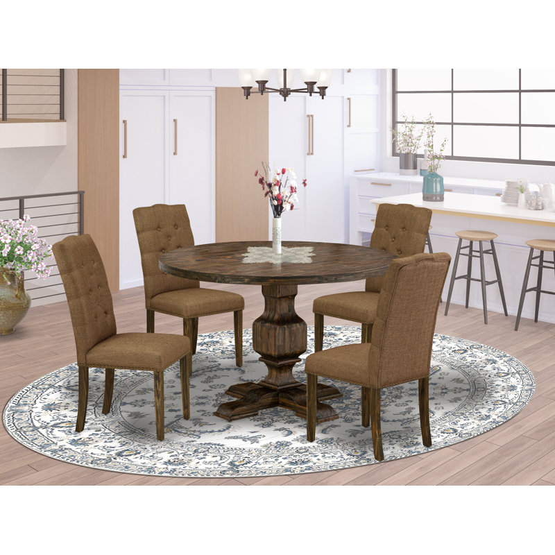 5 Piece Modern Dining Table Set Includes a Round Wooden Table with Pedestal and 4 Brown Linen Fabric Upholstered Chairs, Distressed Jacobean