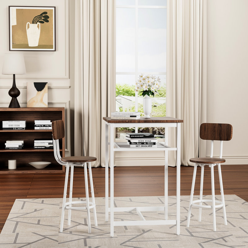 Ensemble de 3 tables de bar et tabourets, tabourets pliables pour économiser de l'espace, matériau en fer, couleurs blanc brun, bistro convenable avec 2 tabourets confortables, conception cloisonnée, fer à haute résistance, imperméable