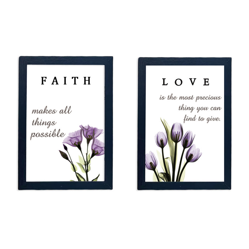 Toile encadrée noire fleur mauve Love Faith, décoration murale prête à être accrochée