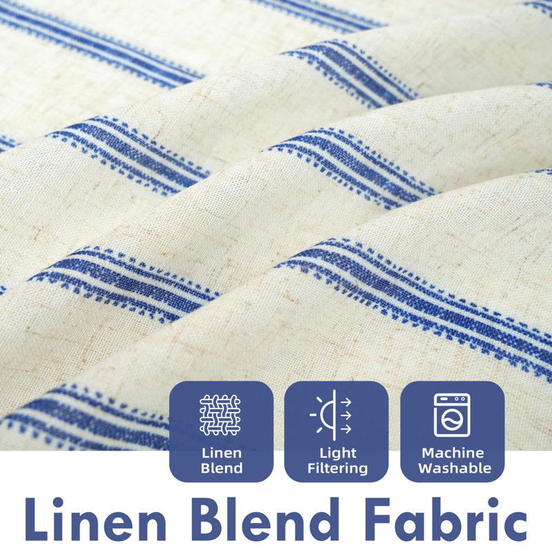 Farmhouse Striped Linen Blend Textured Light Filtering Semi Sheer Rod Pocket Back Tab Curtains, 52" W x 96" L, Navy