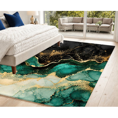 Velvet Non‑Slip Area Rug, Emerald Marble Abstract Ink‑Wash Pattern, Machine Washable, Decorative Floor Carpet, Stylish Indoor Home Decor for Living Room, Bedroom, Entryway, Front Door, Kitchen, Balcony, Apartment