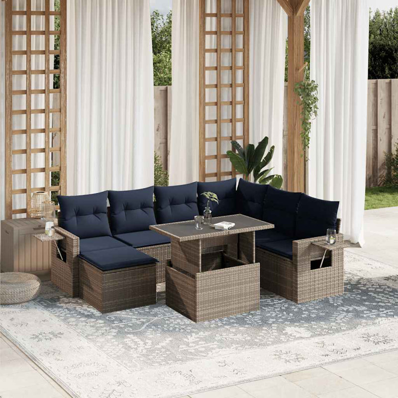 Ensemble de canapé de patio 8 pièces avec coussins en rotin de polyester, Gris, Marine