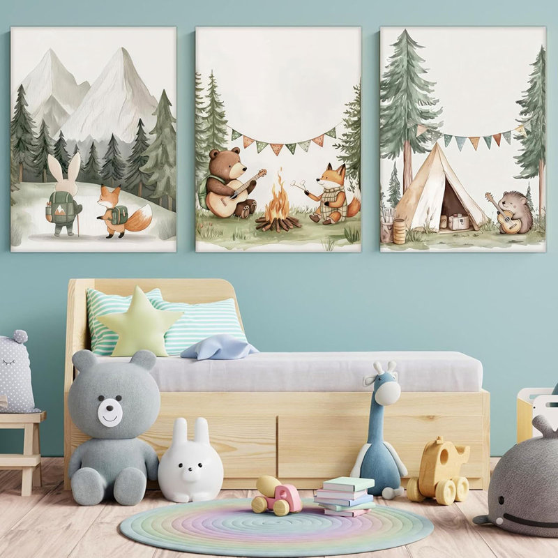 Woodland Animal Nursery Canvas Wall Art Fox Bear Rabbit Hedgehog Paintings Pictures Safari Nursery Wall Decor Forest Animals Camping Campfire Poster Print Artwork For Boys Kids Room Home Decoration