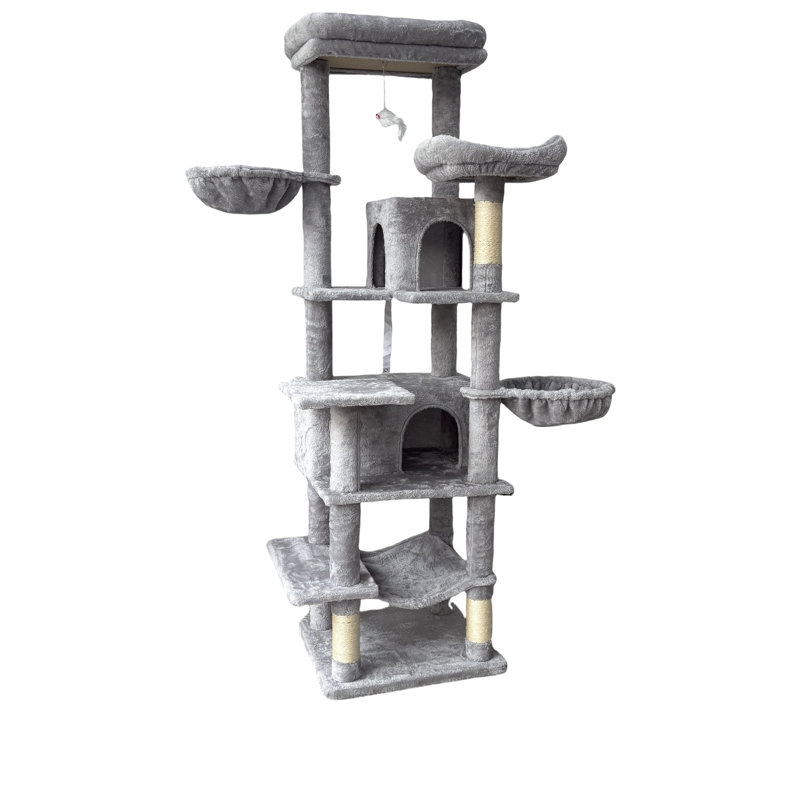 Arbre à chat à 6 niveaux de 68 pouces de hauteur gris pour plusieurs gardiens félins, coussins lavables amovibles pour environnement frais, poteaux à griffer enveloppés, hamacs douillets confortables et confortables, 20,6 po