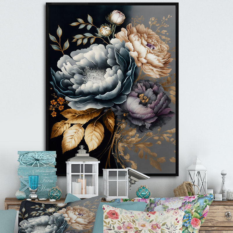 Bouquet de fleurs bleues IV - Impression sur toile, H 20 po x l 12 po x P 1 po, Cadre flottant noir