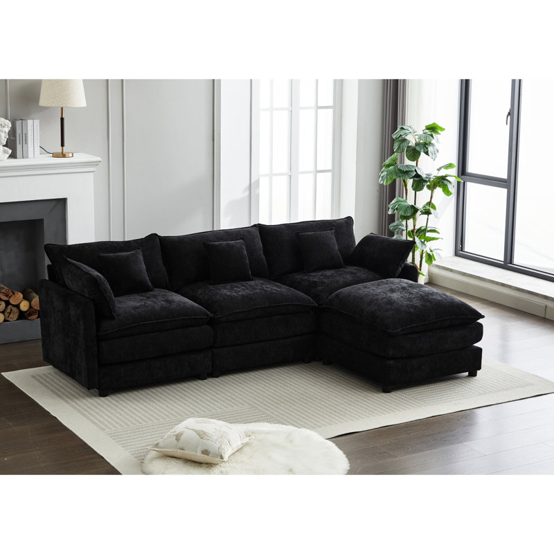 Chenille noire pour le salon - 3 en forme de L moderne et confortable en chenille
