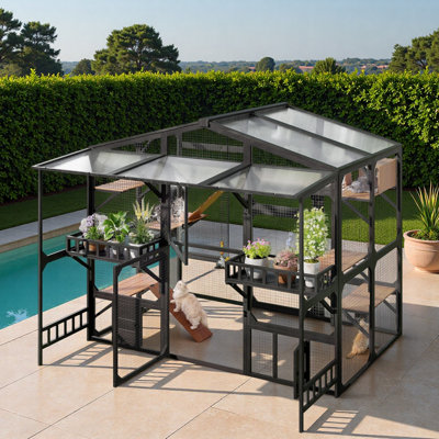 Large Outdoor Catio With 6 Jumping Platforms, 2 Climbing Ramps, Fun Suspension Bridge, Sleeping House, Scratching Post, Hanging Plush Ball Toy, Weatherproof Roof And Storage Shelves