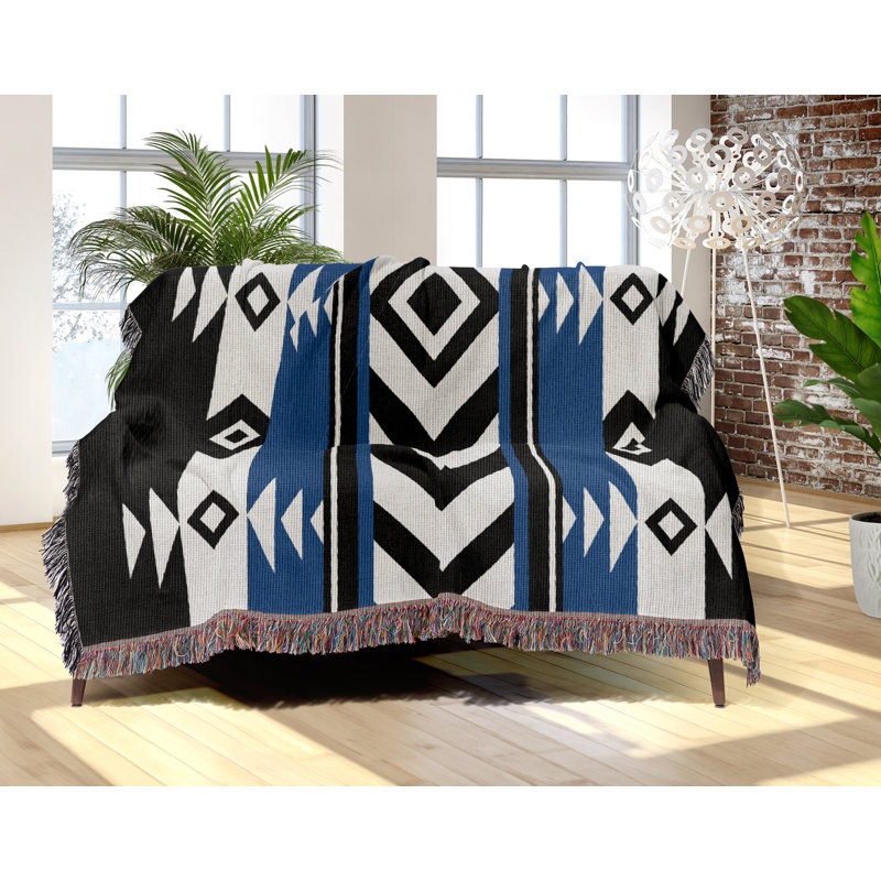 Couverture en mélange de coton Fika South Western, L 60 po x l 60 po, Bleu / noir / blanc cassé