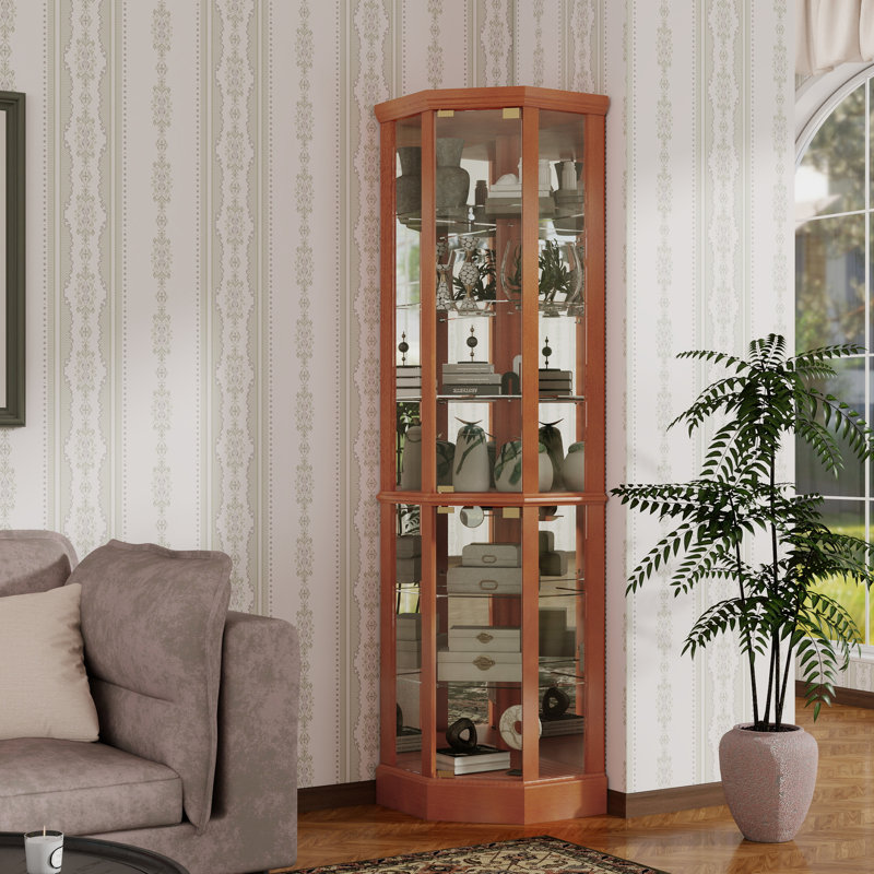 Vitrine de coin à 6 tablettes avec système d'éclairage avec tablettes réglables en verre trempé et miroir (ampoule E26 non incluse)