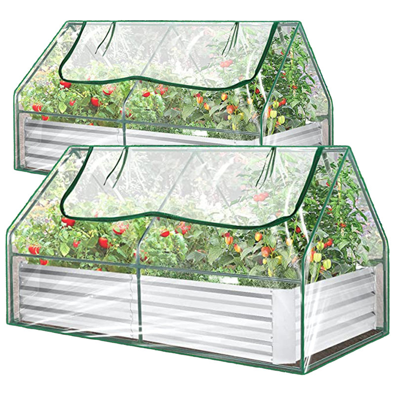Denishia 2Pcs 6x3x2ft Galvanized Metal Raised Garden Bed with Greenhouse Cover, Silver, 2