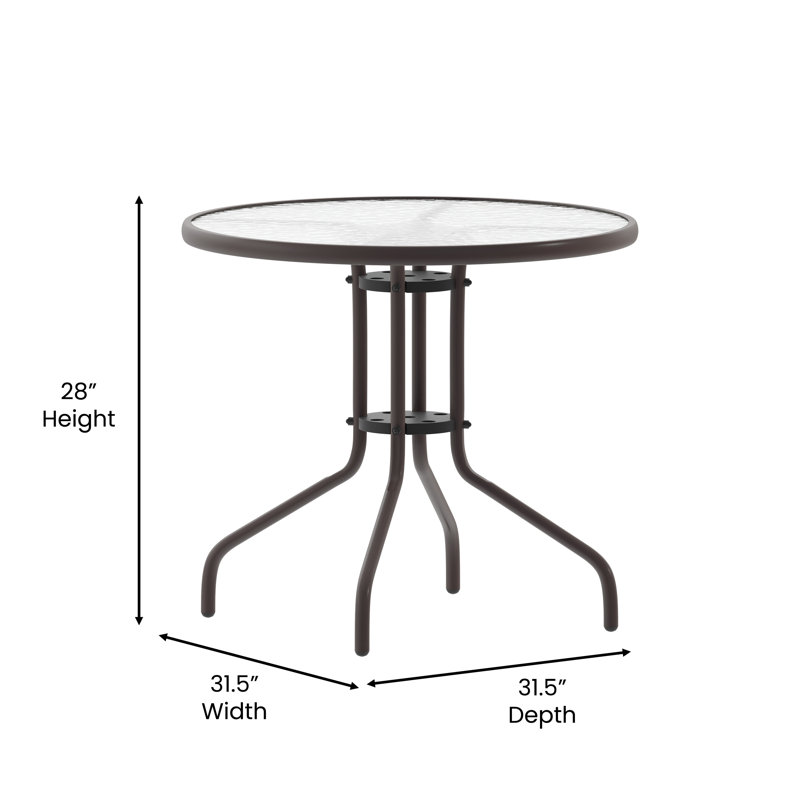 Amlie 31.5" Round Glass Metal Table with 4 Metal Aluminum Slat Stack Chairs, Bronze