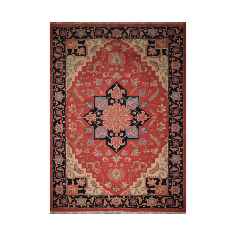 Tapis corail / ivoire / noir en laine noué à la main de conception unique 11 pi 11 po x 17 pi 10 po