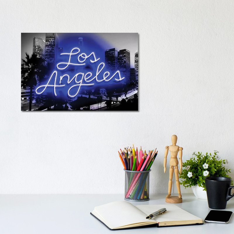 Neon Los Angeles Blueon Black by Hailey Carr - Wrapped Canvas Print, 20.32cm H x 30.48cm W x 1.9cm D