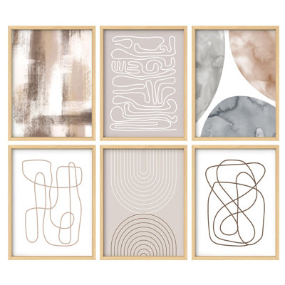 Art mural encadré, ensemble de galerie, pastel grunge, aquarelle, lignes et cercles, formes abstraites, illustrations, décoration moderne nordique pour le salon, la chambre à coucher, le bureau
