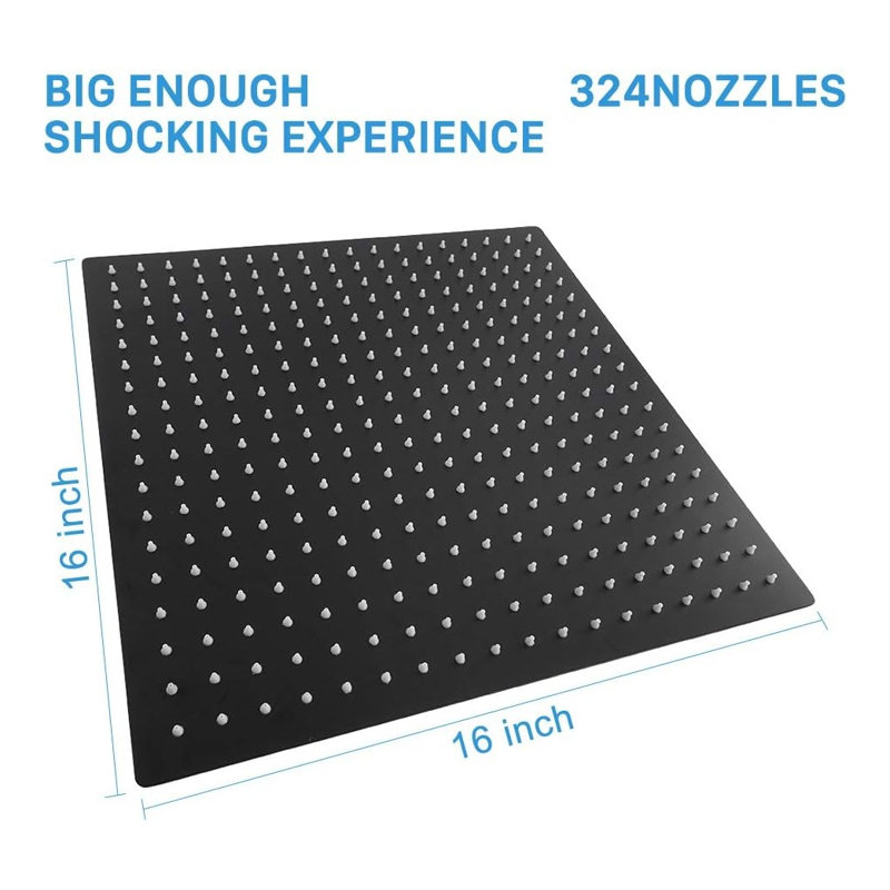 Pommeau de douche carrée de 40 cm (16 po), acier inoxydable noir mat, jet pluie haute pression, fixation murale ou plafond universelle