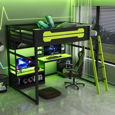 Lit mezzanine double en bois avec bureau, tablettes, éclairage DEL, ports de chargement USB