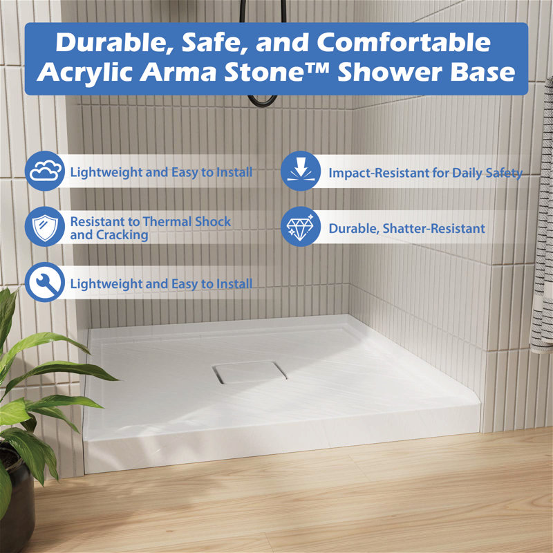 GT 36" x 36" Acrylic Shower Base, Single Threshold Shower Pan, Center Drain Slip-Resistant, Matte White with Rock Pattern