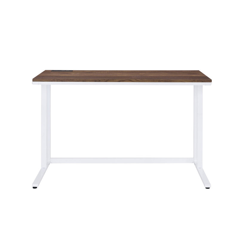Bureau d'écriture rectangulaire avec port USB et prise intégrés, finition noyer et blanc, panneau de fibres à densité moyenne et structure en métal