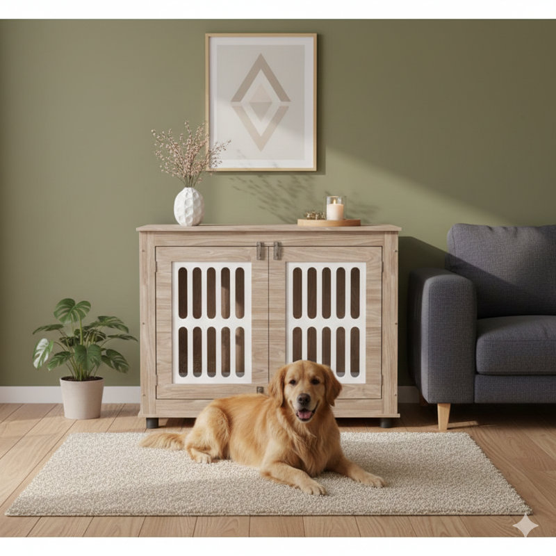 Cage pour chien de 39 pouces conçue comme un meuble, équipée de 2 portes et de tapis de sol antidérapants réglables, convenant à toutes les tailles de chien, avec une finition brun noyer