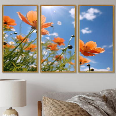 Orange coquelicots, bleu, ciel d'été - ensemble de salon d'art mural coquelicots